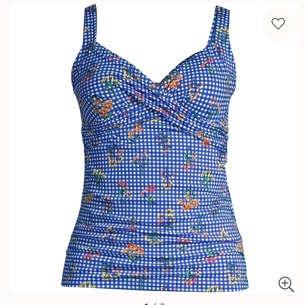 Lands' End Blue Floral V-Neck Wrap Underwire Tankini Swimsuit Top